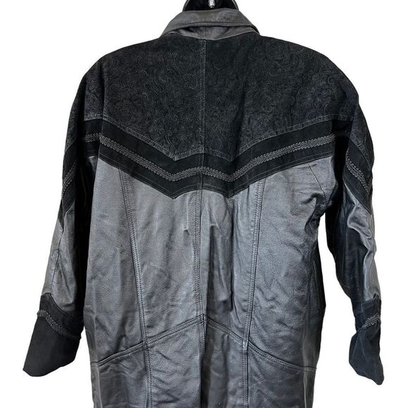 Vintage Greg Bell Leather 80’s Matrix Black Paisley Patchwork Long Trench Coat - Picture 14 of 16